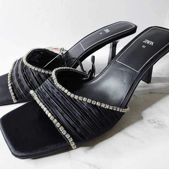 Zara Black Rhinestone High Heel Sandals Size 7.5 US 38 Square Toe Slip On New - Picture 3 of 12